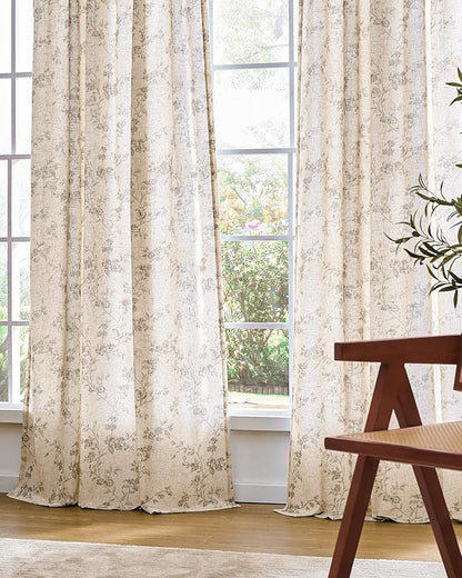 Lazzzy Grey Floral Linen Curtains 84 Inch Farmhouse Back Tab Drapes for Living Room Bedroom Light Filtering Vintage Grandmillennial Rod Pocket Curtains, 2 Panels, W38 x L84, Grey on Beige