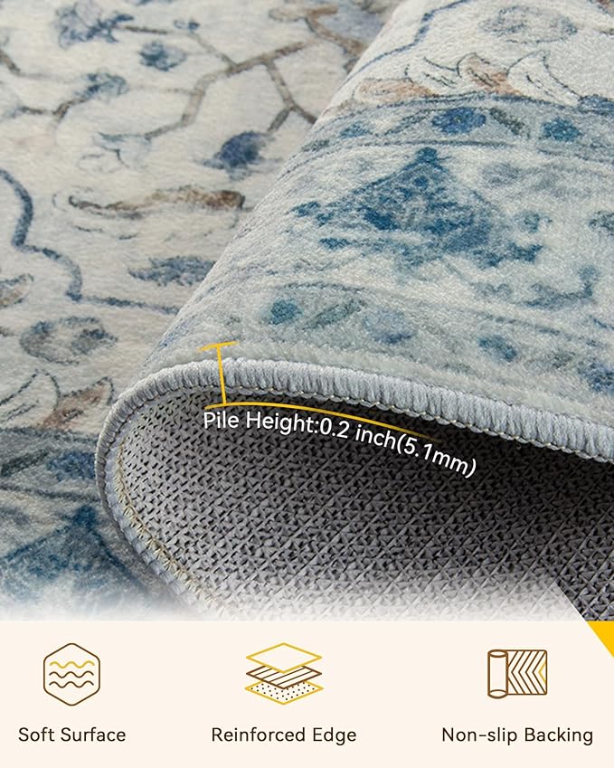 RELEANY Area Rugs 9'x12' Washable Non-Slip, Floral Vintage Distress Print Pattern Medallion Carpet for Living Room Bedroom Dining Room, Light Blue Navy Beige Gray White