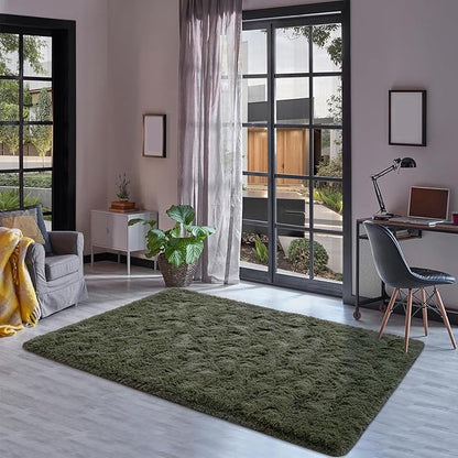 Goideal Fluffy Rug for Bedroom Living Room, 6x9 Olive Green Area Rugs, Faux Fur Shag Modern Carpet Ultra Soft Girls Boys Room Home Decor, Solid