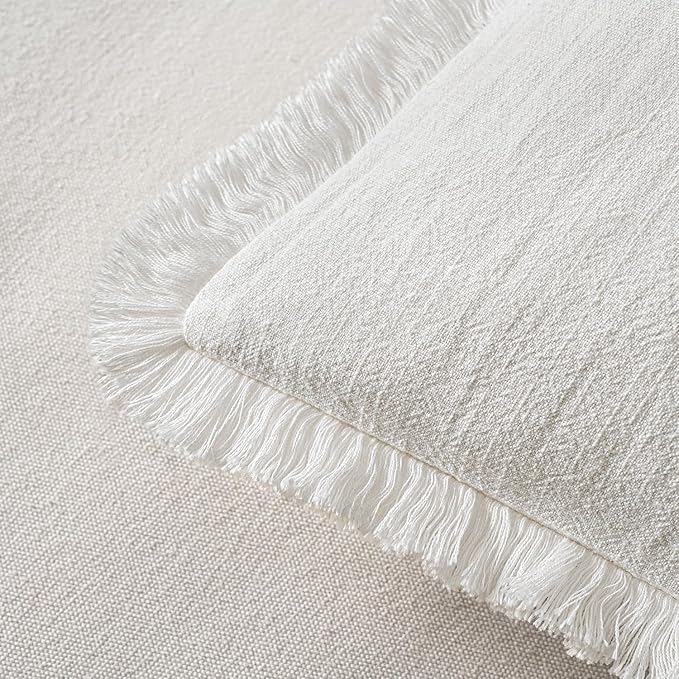 MIULEE Decorative Lumbar Throw Pillow Covers Neutral Linen Fringe Throw Pillows Set of 2 White Boho Farmhouse Cushion Covers with Tassels for Couch Sofa Bed Living Room Spring Decor 12x20 Inch