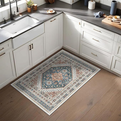 Entryway Rug - 2x3 Washable Rug Runner for Bathroom, Laundry Room, Kitchen, Soft Vintage Hallway Runner for Bedroom, Non-Slip Door Mat Indoor Entrance(Blue/Red,2'x3')