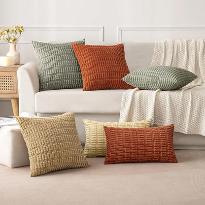 MIULEE Pack of 2 Corduroy Decorative Throw Pillow Covers 20x20 Inch Soft Boho Striped Pillow Covers Modern Farmhouse Home Decor for Summer Sofa Living Room Couch Bed Light Olive Green