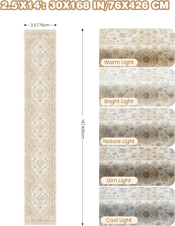 Washable Runner Rug 2.5x14, Non-Slip Long Kitchen Mats for Floor, Vintage Rug for Entryway, Soft Hallway Runner for Dining Room, Bedroom, Living Room(Cream/Beige,2.5'x14')