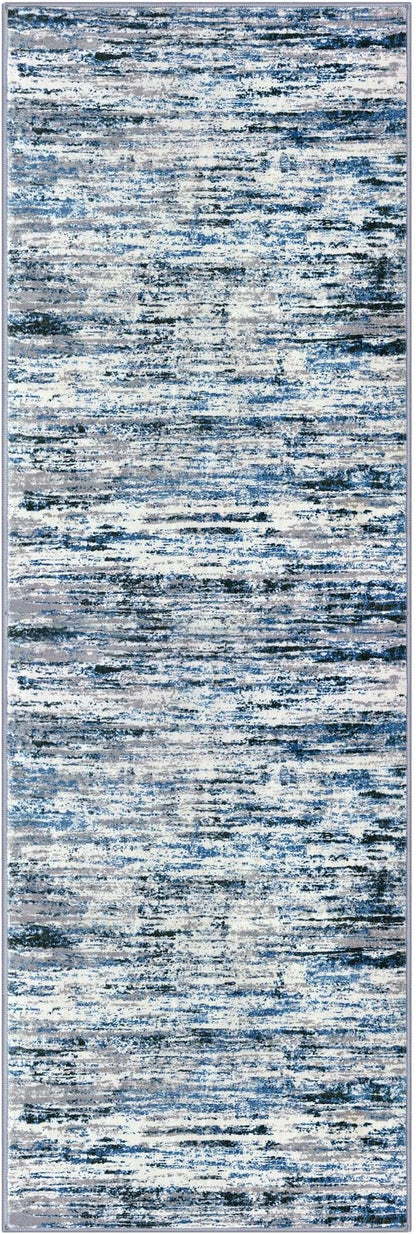 Lansny Modern Abstract Runner Rug 3x8, Grey Blue White, Washable Kitchen Runner Non-Slip Soft Hallway Rug Thin Print Faux Wool Carpet for Entryway Bedroom Laundry Room Indoor Home Office Decor