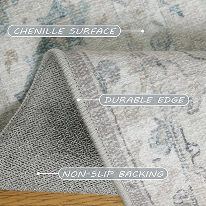 8x10 Area Rugs for Living Room, Machine Washable Non Slip Vintage Retro Rugs, Low Pile Lightweight Chenille Print Indoor Rug for Bedroom, Dining Room, Home Office(Grey/Blue/TAN/Teal/Green)