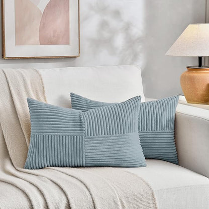 Fancy Homi 2 Packs Light Blue Lumbar Decorative Throw Pillow Covers 16x26 Inch for Living Room Couch Bed, Rustic Farmhouse Boho Home Decor, Soft Striped Corduroy Rectangle Accent Cushion Case 65x40 cm