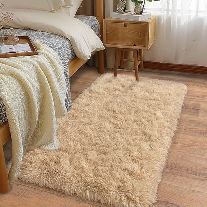 Soft Runner Rugs for Bedroom Hallways, 2x4 Beige Fluffy Shag Throw Area Rug Non Slip for Bedside Dorm, Long Shaggy Furry Carpet for Nursery Living Room