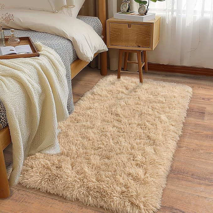 Soft Runner Rugs for Bedroom Hallways New Upgraded Non-Slip Bottom, 2 Packs 2x4 Beige Fluffy Shag Throw Area Rug for Bedside Dorm, Long Shaggy Furry Carpet for Nursery Living Room