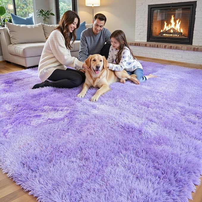 Area Rugs 9x12 Living Room, Large Area Rug Shag Shaggy Carpet Soft Plush Furry Bedside Rug, Machine Washable Area Rugs for Bedroom Kids Girls Boys Anti Slip(9 x 12, Purple Starry)