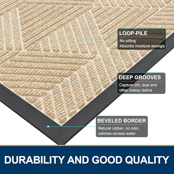Smiry Front Door Mat Outside Entrance, Heavy Duty Sturdy Natural Rubber Doormat, Trap Dirt and Moisture, Easy Clean Low Profile Welcome Floor Mats for Indoor Outdoor Entry, 59x23 Inch, Beige
