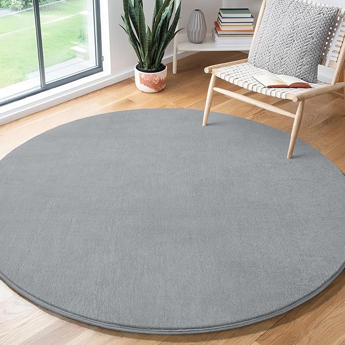 Amearea Grey Round Area Rugs 5ft Washable Circle Rugs for Bedroom Living Room, Fluffy Indoor Thickened Memory Foam Rug, Non Slip Minimalist Circular Carpet for Kids Boys Girls Dorm Nursery Room Decor