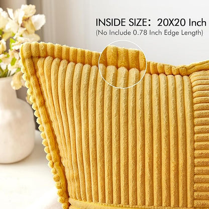 MIULEE Golden Yellow Corduroy Pillow Covers 20x20 Inch with Splicing Set of 2 Soft Boho Striped Pillow Covers Broadside Decorative Textured Summer Pillowcases for Couch Cushion Bed Livingroom