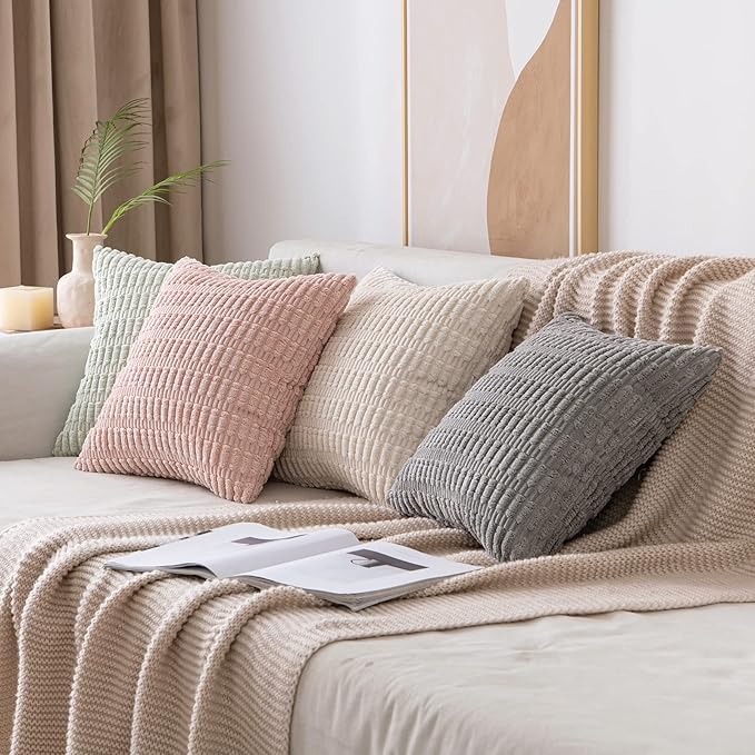 MIULEE Pack of 2 Corduroy Decorative Euro Sham Throw Pillow Covers 22x22 Inch Soft Boho Striped Pillow Covers Modern Farmhouse Home Decor for Sofa Living Room Couch Bed Light Grey