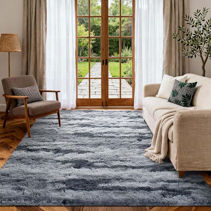 5x7 Ft Large Shag Rugs for Bedroom Living Room for Men Boys, Tie Dyed Ultra Soft Fluffy Furry Area Rug for Indoor Floor, Aesthetic Carpet for Home Decor (Grey)