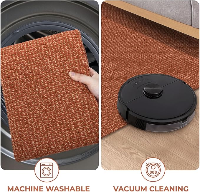 KOZYFLY Long Runners for Hallways 3x12 ft Washable Kitchen Runner Non Slip Rubber Backed Hallway Rugs Cotton Entryway Runner Rug Floor Carpet for Indoor Hall, Backdoor, Kitchen, Orange/Tan