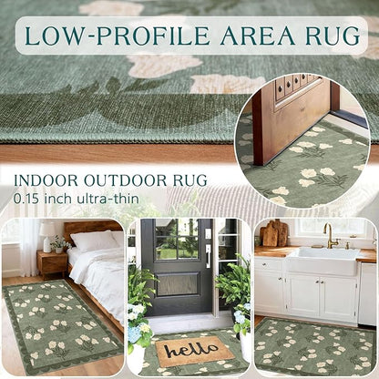 Floral Outdoor Rug - 28" x 43" Front Door Mat Indoor Outside Entrance Non-Slip Washable Outdoor Mat Sage Green Spring Scalloped Rug for Entryway Kitchen Bedroom Layered Doormat for Front Porch