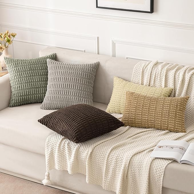 MIULEE Pack of 2 Corduroy Decorative Throw Pillow Covers 18x18 Inch Soft Boho Striped Pillow Covers Modern Farmhouse Home Decor for Summer Sofa Living Room Couch Bed Light Olive Green
