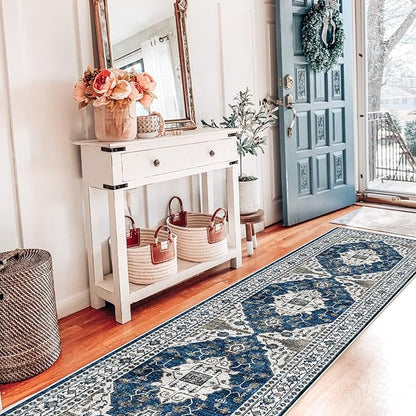 Hallway Washable Runner Rug - 2x7 Kitchen Rugs Entryway Rug Runner Vintage Soft Floor Mat Non Slip Indoor Farmhouse Carpet for Bathroom Living Room Bedroom (2 X 7, Blue)