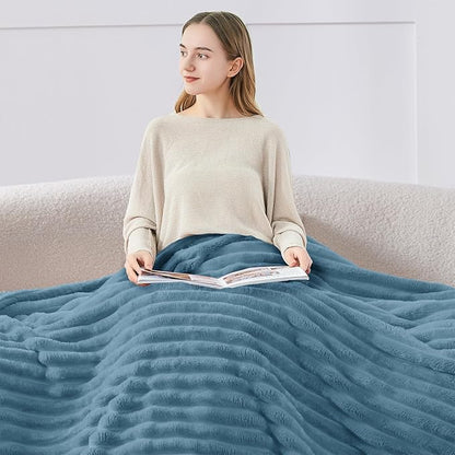 BEDELITE Fleece Blue Throw Blanket for Couch - 300GSM Soft & Warm Fluffy Blue Blanket, Decorative and Giftable Striped Blankets for Women, Men, 50"x60"