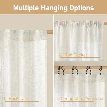 LAMIT Semi Sheer Cream Linen Curtains 36 Inch Length 2 Panels, Light Filtering Panels Back Tab and Rod Pocket Neutral Drapes for Bathroom/Kitchen/Loft Room, 34 x 36 Inch
