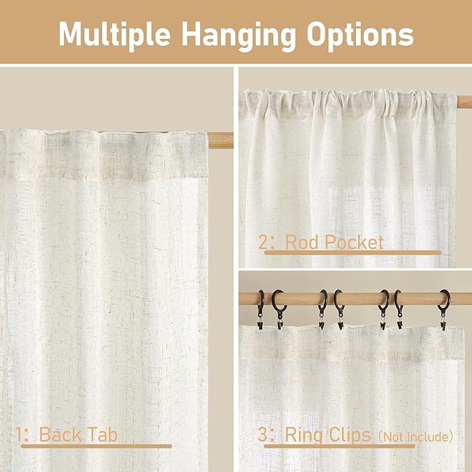 LAMIT Light Filtering Linen Curtains 54 inches Long for Bedroom, Linen Textured Semi Sheer Back Tab and Rod Pocket Cream Boho Drapes for Small Window/Living Room, 2 Panels, 52 x 54 Inch