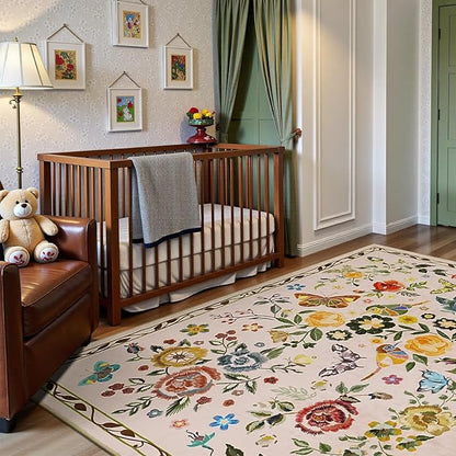 Rugflix 5x7 Washable Area Rug for Living Room, Soft Non Slip Low Pile Carpet, Floral Vintage Stain Resistant Rugs for Bedroom, Dining Room, Home Office, Beige