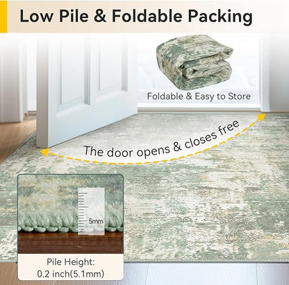 Washable Area Rugs 2'x6' Non-Slip Modern Abstract Soft for Living Room Entryway Bedroom Nursery, Print Pattern, Light Green/Yellow