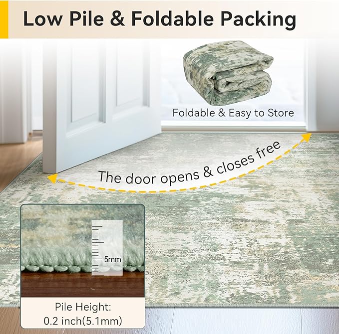 Washable Area Rugs 10'x14 Non-Slip Modern Abstract Soft for Living Room Entryway Bedroom Nursery, Print Pattern, Light Green/Yellow