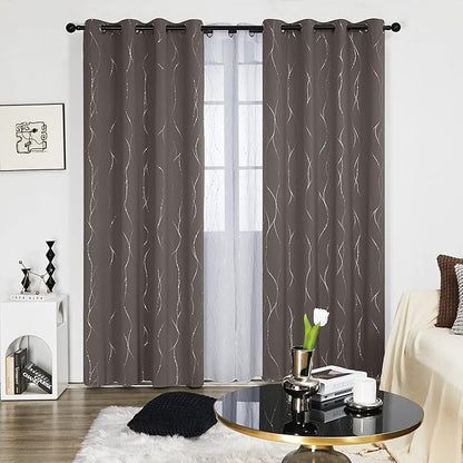 Deconovo Blackout Curtains, Thermal Insulated Soundproof Grommet Drapes, Wave Line Dots Foil Print, 52 x 84 Inch Long, 2 Panels, Machine‑Washable Window Curtains for Bedroom Living Room Nursery, Taupe