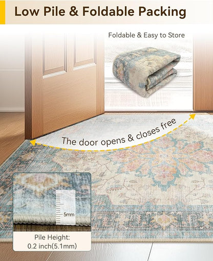 RELEANY Area Rugs 5'x7' Washable Non-Slip, Floral Vintage Distress Print Pattern Medallion Carpet for Living Room Bedroom Dining Room, Blue Orange Red