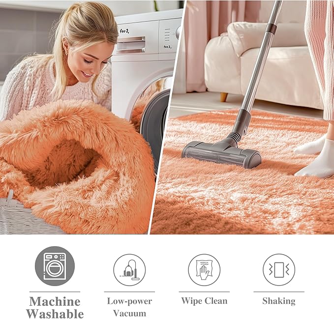 OLANLY Muted Orange Round Rugs for Bedroom - Machine Washable, 8 ft Circle Area Rugs for Living Room, Soft and Fluffy Shaggy Carpet for Teen Girl and Boys, Nursery Rooms, Dorms, Home Decor Aesthetic