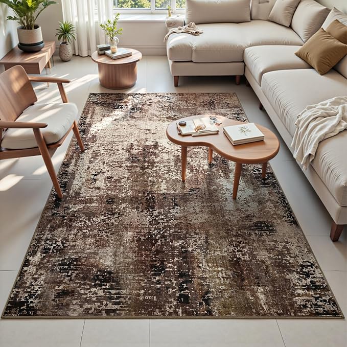 Area Rug 4x6 Brown Rug Washable Boho Rugs Non Slip Low Pile Abstract Coffee Small Carpet for Entryway, Bedroom, Kitchen, Classroom, Kids Room, Office, Dorm, Dining Room