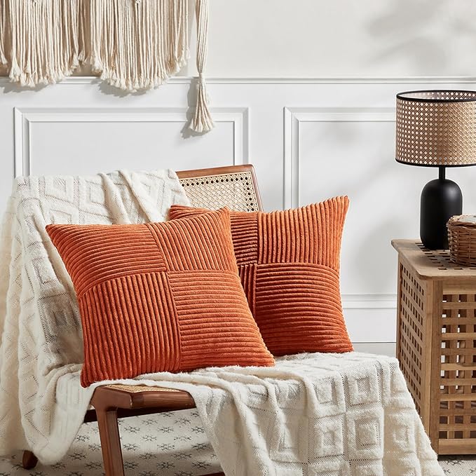 Fancy Homi Set of 2 Burnt Orange Samll Decorative Throw Pillow Covers 14x14 Inch for Living Room Couch Bed, Boho Farmhouse Fall Home Decor, Soft Corss Corduroy Patchwork Textured Cushion Case 35x35cm