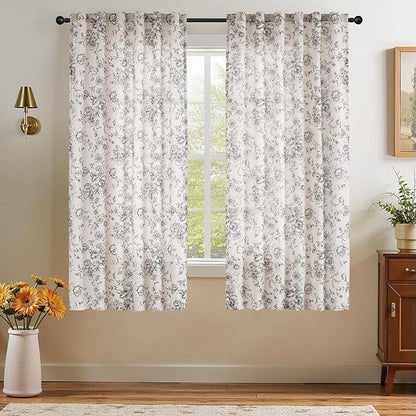 jinchan Linen Blend Curtain Floral Curtains for Living Room 54 Inch Length Black Printed Curtain Rod Pocket Back Tab Farmhouse Peony Flower Patterned Drapes Bedroom Window Curtains Set 2 Panels