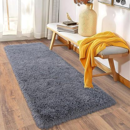 Ultra Soft Runner Rugs for Bedroom Hallways with Upgraded Non-Slip Rubber Backing & Thick Memory Sponge, 2x8 Feet Fluffy Shag Throw Area Rug for Bedside Dorm Dark Grey
