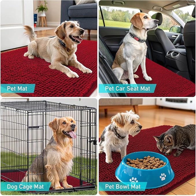 OLANLY Dog Door Mat for Muddy Paws 44x32, Absorbs Moisture and Dirt, Absorbent Non-Slip Washable Doormat, Quick Dry Chenille Mud Mat for Dogs, Entry Indoor Entryway Carpet for Inside Floor, Red