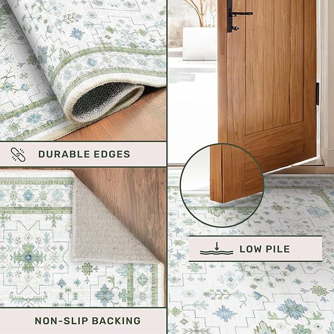 Hazo Haus Washable Oushak 2x6 Bathroom Runner Rug, Eclectic Boho Floral Pastel, Non Slip Low Pile Stain Resistant Small Throw Rug for Bedroom, Laundry Room, Powder Room, Cream Green