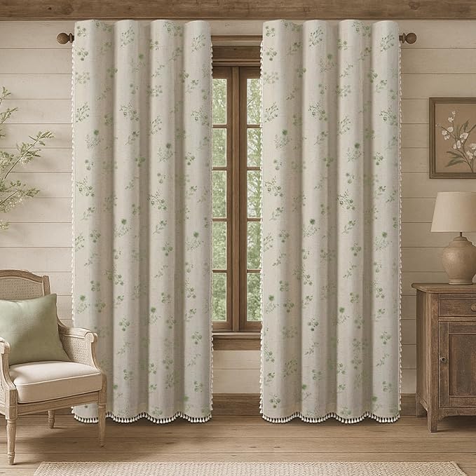 Boho Floral Spring 100% Blackout Curtains 84 Inch Length 2 Panels Set, Linen Texture Farmhouse Curtains with Beige Tassel for Living Room Bedroom, Vintage Rustic Rod Pocket,Green