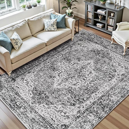Lofus 8x10 Area Rugs for Living Room, Washable Area Rug, Rugs for Bedroom, Kitchen, Vintage Boho Carpet, Soft Non-Slip, Low Pile Large Area Rug for Office Dining Room, Vintage Dark Grey