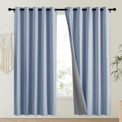NICETOWN Stone Blue Vintage Linen 100% Blackout Curtains for Playroom, Thermal Insulated Curtains 72" Long, Noise Reducing Window Treatment Drapes for Laundry Room, 62" Wide Per Panel, Set of 2