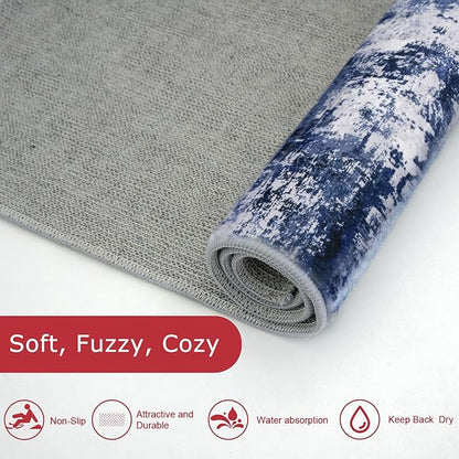 KOZYFLY Modern Abstract 3x5 Area Rug Washable Bedroom Rug Throw Entry Mat Non-Slip Stain Resistant Carpet Dining Room Rug with Soft Low Pile for Living Room Kitchen Bath Office, Navy Blue/Grey/White