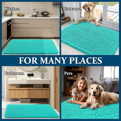 OLANLY Dog Door Mat for Muddy Paws 36x24, Absorbs Moisture and Dirt, Absorbent Non-Slip Washable Doormat, Quick Dry Chenille Mud Mat for Dogs, Entry Indoor Entryway Carpet for Inside Floor, Teal