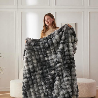 COOVA Faux Fur Throw Blanket for Couch, Cozy Soft and Fuzzy Plush Rabbit Fur Bubble Blanket for Sofa Bedroom Living Room, 50x60 Inches Tie Dye Light Grey