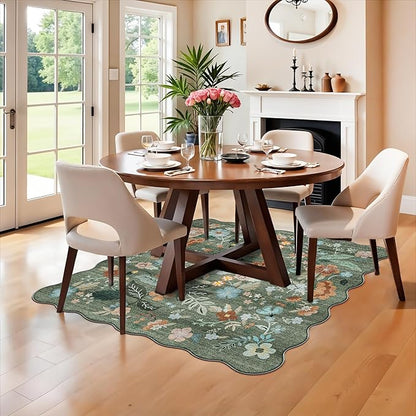 Floral Square Area Rug for Family: Washable 5x5 Scalloped Carpet for Living Room Bedroom Soft Water Resistant Floor Mat with Non Slip Backing for Kitchen Nursery Farmhouse Home Decor(5x5,Floral/Green)