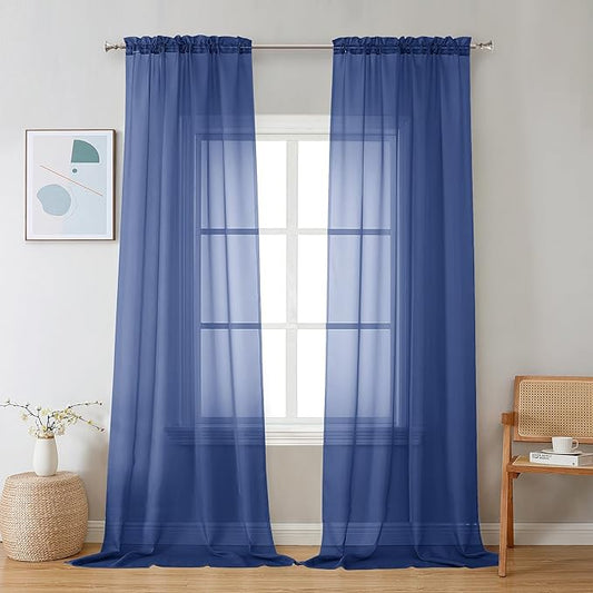 Chyhomenyc Sheer Royal Blue Curtains 90 inches Long 2 Panels, Light Filtering Soft Airy Solid Elegant Voile Window Treatment Drapes for Bedroom Living Room Wedding Party Decor, 42 Wx90 L Inches