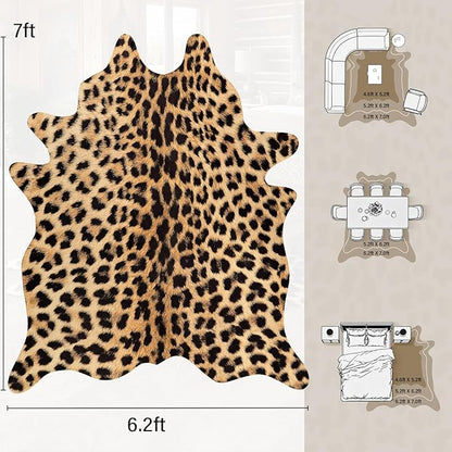 AROGAN Premium Leopard Print Rug 6.2x7 Feet, Machine Washable Faux Fur Cheetah Rug, Non-Slip Animal Print Hide Leopard Skin Area Rug for Bedroom Living Room Home Decor