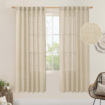 LAMIT Light Filtering Linen Curtains 78 inches Long for Bedroom, Faux Linen Textured Semi Sheer Back Tab and Rod Pocket Boho Modern Drapes for Living Room/Farmhouse, Linen, 2 Panels, 52 x 78 Inch