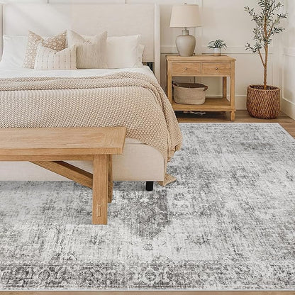 Area Rug 6x9 Washable Rug, Vintage Boho Medallion Rugs Non-Slip Soft Low Pile Large Distressed Rug Indoor Retro Carpet for Living Room Bedroom Dining Room Home Office (Grey, 6'x9')