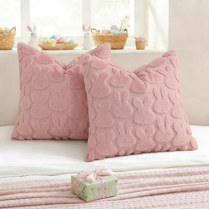 decorUhome Easter Bunny Pillow Covers 16x16 Inch Set of 2, Soft Plush Faux Wool Jacquard Pink Rabbit Cushion Covers, Farmhouse Neutral Spring Easter Holiday Decor for Couch Sofa Bed