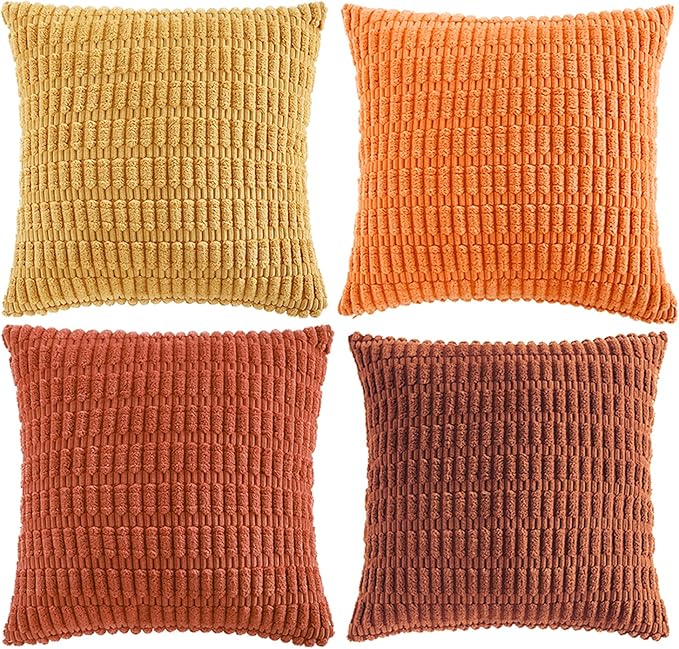 Fancy Homi Set of 4 Burnt Orange Fall Decorative Throw Pillow Covers 16x16 Inch for Couch Bed Chair, Modern Farmhouse Boho Room Decor, Soft Fuzzy Corduroy Textured Striped Cushion Case 40cm
